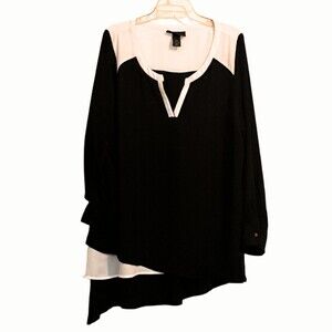 Lane Bryant Womens Blouse Asymmetrical Black White Roll Tab Sleeves (18-20)